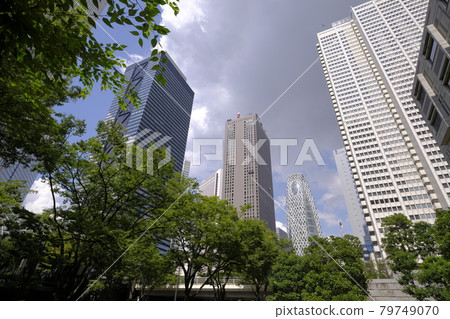 Shinjuku subcenter skyscrapers surrounded by green trees Midsummer blue sky and thunderclouds spreading 79749070
