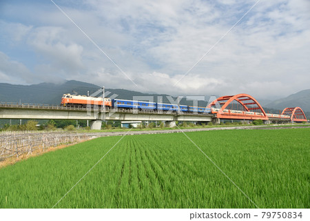 一座紅色的鐵橋,一列火車在行駛。 一座紅色的鐵橋,一列火車在行駛。 79750834