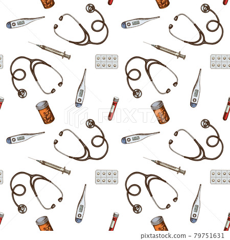 Seamless pattern with hand drawn colored vial of blood, pills and medicines, medical thermometer Seamless pattern with hand drawn colored vial of blood, pills and medicines, medical thermometer 79751631