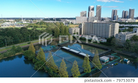 Tennis court submerged after a typhoon October 2019 [Aerial view] 79753079