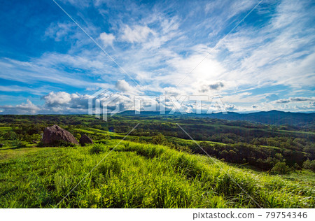 White clouds floating in the blue sky in summer Landscape of the meadow of Oshito stone White clouds floating in the blue sky in summer Landscape of the meadow of Oshito stone 79754346