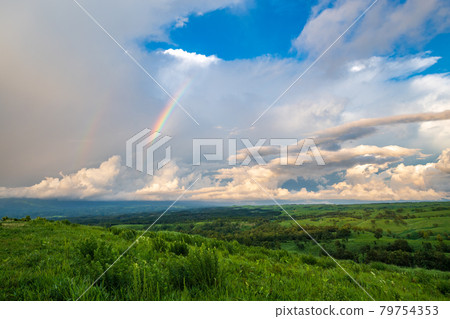White clouds floating in the blue sky in summer Landscape of the meadow of Oshito stone White clouds floating in the blue sky in summer Landscape of the meadow of Oshito stone 79754353
