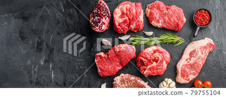 Set of alternative steaks picanha, ramp and chuck eye roll and top blade over black background top view. Big size space for text Set of alternative steaks picanha, ramp and chuck eye roll and top blade over black background top view. Big size space for text 79755104