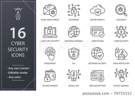 Cyber security line icons set. Black vector illustration. Editable stroke. Cyber security line icons set. Black vector illustration. Editable stroke. 79755552