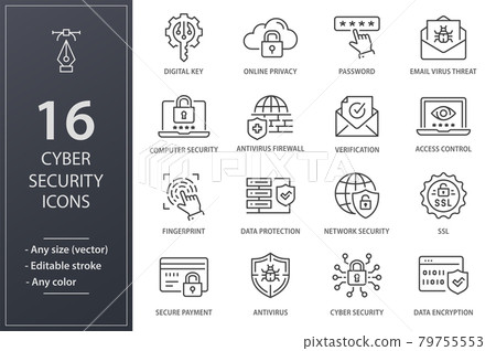 Cyber security line icons set. Black vector illustration. Editable stroke. Cyber security line icons set. Black vector illustration. Editable stroke. 79755553
