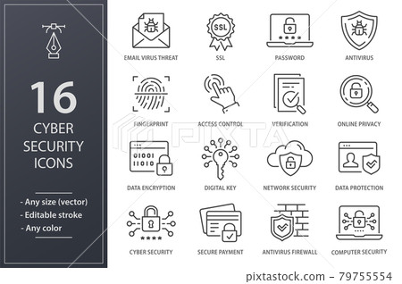 Cyber security line icons set. Black vector illustration. Editable stroke. Cyber security line icons set. Black vector illustration. Editable stroke. 79755554