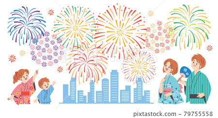Family enjoying fireworks on a white background Family enjoying fireworks on a white background 79755558