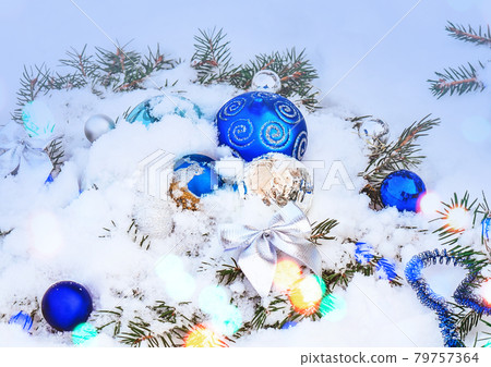 Christmas background with silver and blue baubles 79757364