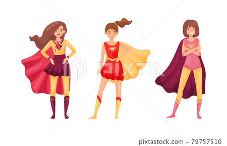 Superhero Woman Character in Waving Cloak Rushing to Rescue Vector Set Superhero Woman Character in Waving Cloak Rushing to Rescue Vector Set 79757510