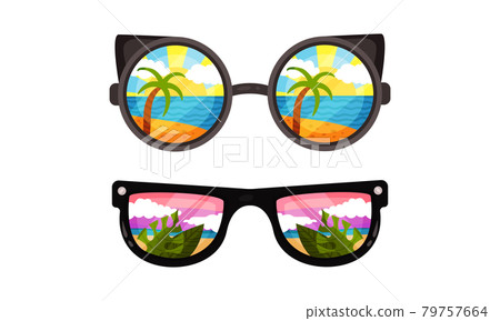 Sunglasses with Ocean or Sea Shore with Palm Tree Reflection Vector Set Sunglasses with Ocean or Sea Shore with Palm Tree Reflection Vector Set 79757664