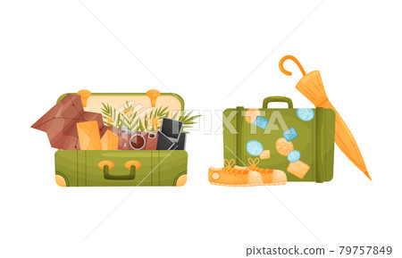 Travel Suitcase and Trunks with Stickers and Vacation Symbols Vector Set Travel Suitcase and Trunks with Stickers and Vacation Symbols Vector Set 79757849