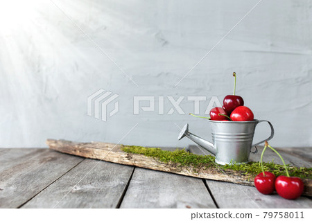 Sweet cherry berries in watering can on wooden background table, gray wall Sweet cherry berries in watering can on wooden background table, gray wall 79758011