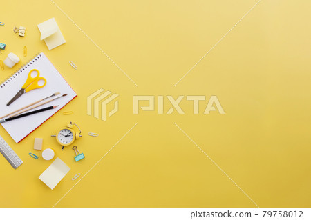 Back to school conceptual flat lay with different office supply objects Back to school conceptual flat lay with different office supply objects 79758012