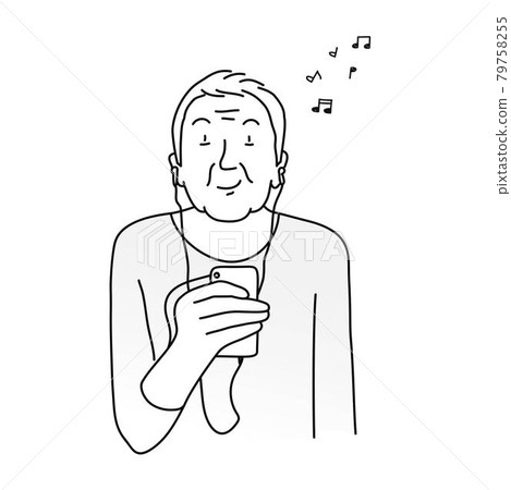 Old woman with headphones listening to music on the phone. Old woman with headphones listening to music on the phone. 79758255