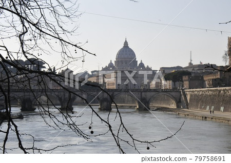 Italy, Rome, Sant'Angelo Bridge, Tiber River, St. Peter's Basilica 79758691