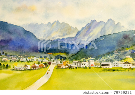 Painting of Gosau is a village in the Austrian. Painting of Gosau is a village in the Austrian. 79759251