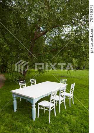 White table with chairs under tree on lawn White table with chairs under tree on lawn 79759372