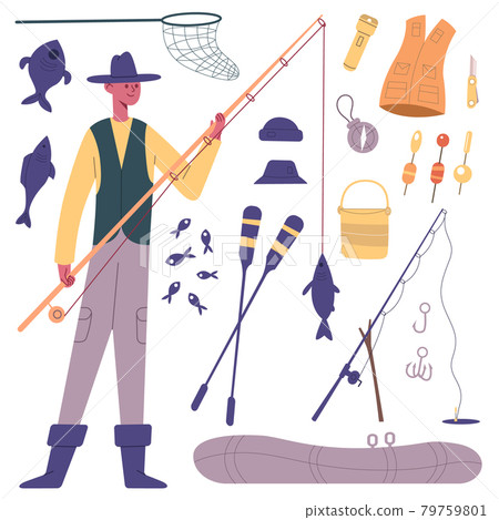 Fisherman character. Cartoon fisherman with fishing tackle, fishing rod, reels, boat and fish bait vector illustration set. Fishing outdoor leisure symbols 79759801