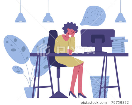 Exhausted sleepy character. Tired freelance worker burnout, female character mental health problems vector illustration. Sleepy tired office worker 79759852