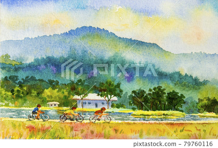 Landscape original painting family fitness. Landscape original painting family fitness. 79760116