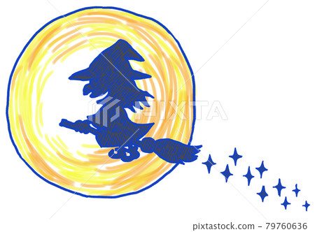 萬聖節那天，一個拿著掃帚在夜空中飛翔的女巫 79760636