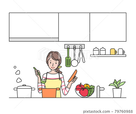 A young woman in an apron cooking in the kitchen 79760988