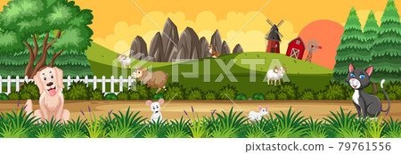 Panorama landscape scene with various farm animals in the farm Panorama landscape scene with various farm animals in the farm 79761556
