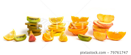 Slice of fruits and vegetables. Raw organic healthy food. Grocery and supermarket cooking and eating isolated on white background 79761747