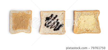 Bread with peanut butter isolated on white background. Homemade cooking and baking. Breakfast. Food, toasts, ingredients and bakery supplies in kitchen, bakery preparation. 79761750
