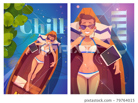 Chill cartoon poster with young woman in wood boat 79764015