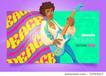 Hippie peace music cartoon landing page, musician Hippie peace music cartoon landing page, musician 79764027