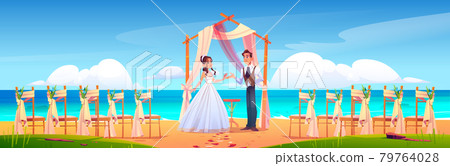 Beach wedding ceremony with newlywed couple Beach wedding ceremony with newlywed couple 79764028