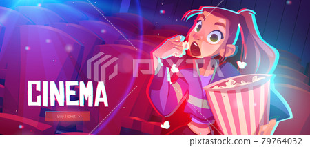 Cinema cartoon web banner young girl with pop corn Cinema cartoon web banner young girl with pop corn 79764032