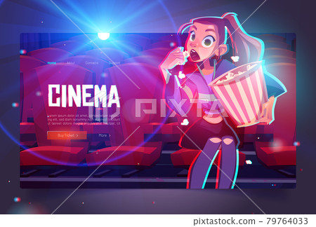 Cinema cartoon web banner young girl with pop corn Cinema cartoon web banner young girl with pop corn 79764033