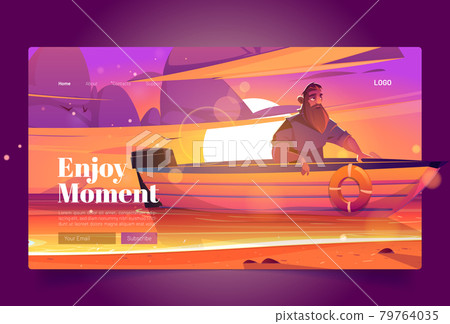 Enjoy moment banner with man in boat at sunset Enjoy moment banner with man in boat at sunset 79764035