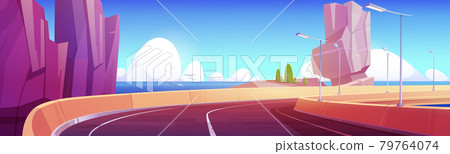 Car overpass road on sea shore with mountains 79764074