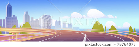 Overpass highway, empty city road with skyscrapers 79764075