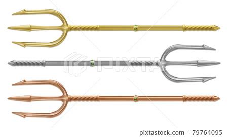 Gold, silver and bronze trident, devil pitchfork Gold, silver and bronze trident, devil pitchfork 79764095