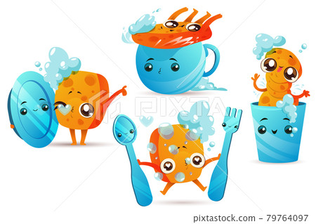 Cleaning sponge with dishes, cute cartoon mascot Cleaning sponge with dishes, cute cartoon mascot 79764097
