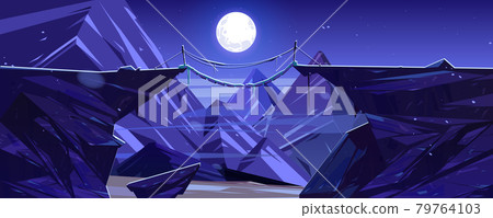 Suspended mountain bridge above cliff at night 79764103