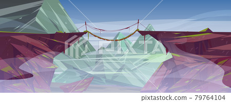 Suspended rope bridge hang above foggy rock cliff 79764104