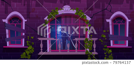 Old haunted house with woman ghost in window 79764137