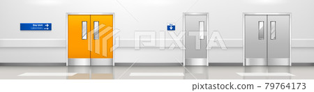 Empty hospital corridor with double doors Empty hospital corridor with double doors 79764173