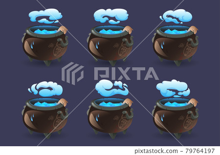 Witch cauldron with magic potion, hand and smoke 79764197