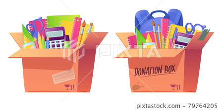 School stationery in cardboard donation box 79764205