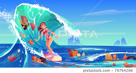 Surfer girl swim in dirty ocean with trash 79764206