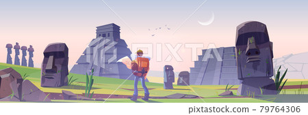 Hiker on Easter island with mayan pyramids 79764306