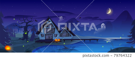 Halloween spooky illustration with old scary house Halloween spooky illustration with old scary house 79764322