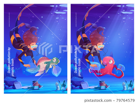 Ocean pollution with plastic trash cartoon posters 79764579