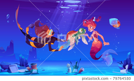 Diver girl and mermaid help underwater animals 79764580